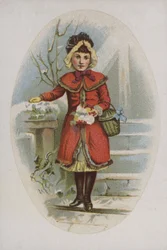 Niña elegante, con abrigo rojo, sosteniendo una cesta